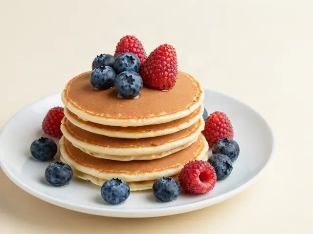 Stack of small whole grain pancakes topped with fresh berries