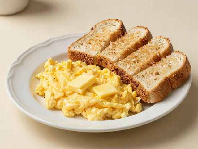 Soft scrambled eggs with toast fingers on a plate