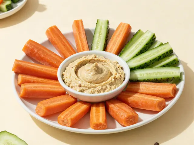 Carrot and cucumber sticks around a dish of hummus