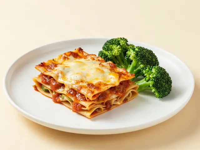 Kid-sized veggie lasagna with a side of broccoli on a plate