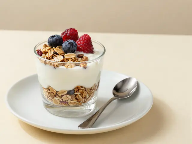Yogurt parfait layered with granola and fresh berries